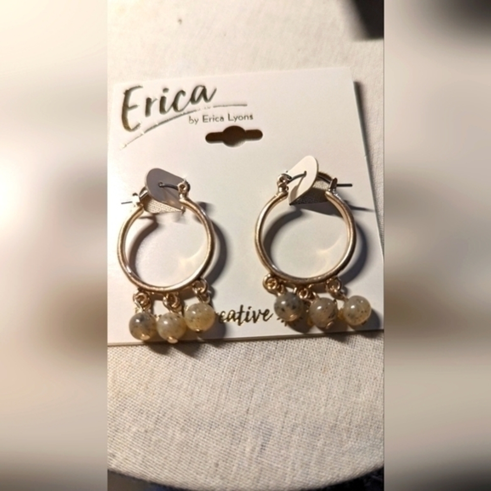 Erica Brand Earrings in gold. Hoops with natural stone beads.NWT